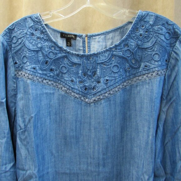 Talbots Embroidered Cut Out Chambray Blouse Tencel Denim Blue Size XL - Picture 5 of 16